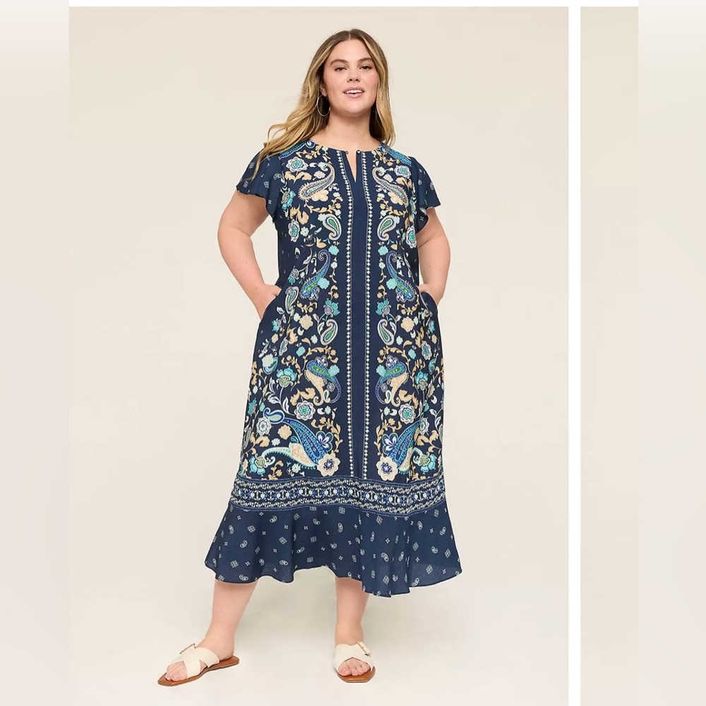 Lane Bryant Crew-Neck Flutter-Sleeve Midi Dress Navy Paisley